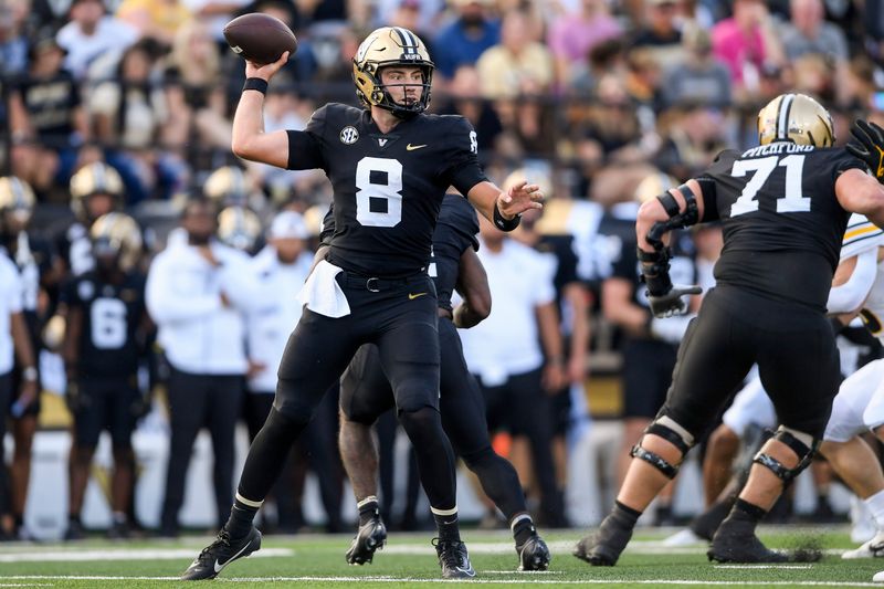 Sep 30, 2023; Nashville, Tennessee, USA; Vanderbilt Commodores quarterback Ken Seals (8) throws a pass against the Missouri Tigers during the first half at FirstBank Stadium. Mandatory Credit: Steve Roberts-USA TODAY Sports