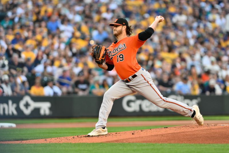 Aug 12, 2023; Seattle, Washington, USA; Baltimore Orioles starting pitcher Cole Irvin (19) pitches to the Seattle Mariners during the second inning at T-Mobile Park. Mandatory Credit: Steven Bisig-USA TODAY Sports