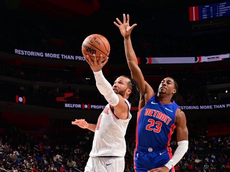 DETROIT, MI - NOVEMBER 1: Jalen Brunson #11 of the New York Knicks drives to the basket during the game against the Detroit Pistons on November 1, 2024 at Little Caesars Arena in Detroit, Michigan. NOTE TO USER: User expressly acknowledges and agrees that, by downloading and/or using this photograph, User is consenting to the terms and conditions of the Getty Images License Agreement. Mandatory Copyright Notice: Copyright 2024 NBAE (Photo by Chris Schwegler/NBAE via Getty Images)