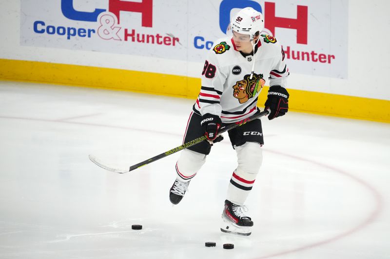 Nov 12, 2023; Sunrise, Florida, USA; Chicago Blackhawks center Connor Bedard (98) warms up prior to the game against the Florida Panthers at Amerant Bank Arena. Mandatory Credit: Jasen Vinlove-USA TODAY Sports