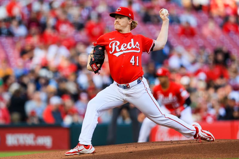 Apr 12, 2025; Cincinnati, Ohio, USA; Cincinnati Reds starting pitcher Andrew Abbott (41) pitches against the Pittsburgh Pirates in the first inning at Great American Ball Park. Mandatory Credit: Katie Stratman-Imagn Images
