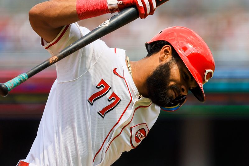 Jul 14, 2024; Cincinnati, Ohio, USA; Cincinnati Reds outfielder Rece Hinds (77) reacts after a play in the seventh inning against the Miami Marlins at Great American Ball Park. Mandatory Credit: Katie Stratman-USA TODAY Sports