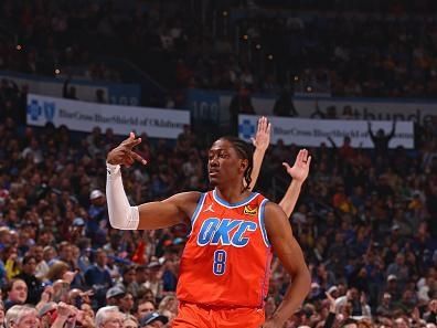 OKLAHOMA CITY, OK - DECEMBER 23: Jalen Williams #8 of the Oklahoma City Thunder celebrates three point basket during the game against the Los Angeles Lakers on December 23, 2023 at Paycom Arena in Oklahoma City, Oklahoma. NOTE TO USER: User expressly acknowledges and agrees that, by downloading and or using this photograph, User is consenting to the terms and conditions of the Getty Images License Agreement. Mandatory Copyright Notice: Copyright 2023 NBAE (Photo by Zach Beeker/NBAE via Getty Images)