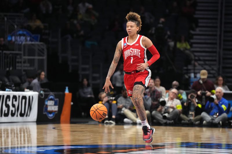 Mar 27, 2023; Seattle, WA, USA; Ohio State Buckeyes guard Rikki Harris (1) dribbles the ball during the first quarter against the Virginia Tech Hokies at Climate Pledge Arena. Mandatory Credit: Kirby Lee-USA TODAY Sports 