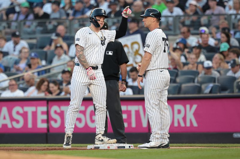 Jun 8, 2024; Bronx, New York, USA; New York Yankees outfielder Alex Verdugo (24) reacts after a single during the first inning against the Los Angeles Dodgers at Yankee Stadium. Mandatory Credit: Vincent Carchietta-USA TODAY Sports