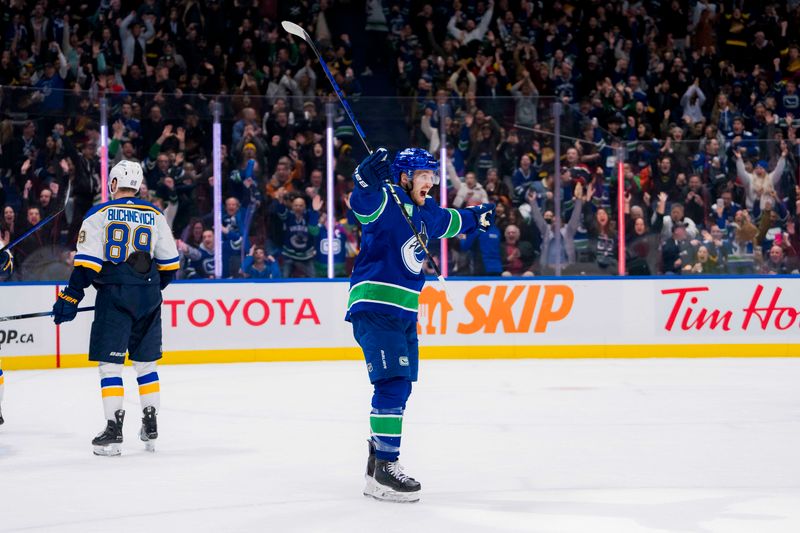 Jan 24, 2024; Vancouver, British Columbia, CAN; Vancouver Canucks forward Pius Suter (24) celebrates his third goal of the game against the St. Louis Blues in the third period at Rogers Arena. Blues 4-3 in overtime. Mandatory Credit: Bob Frid-USA TODAY Sports