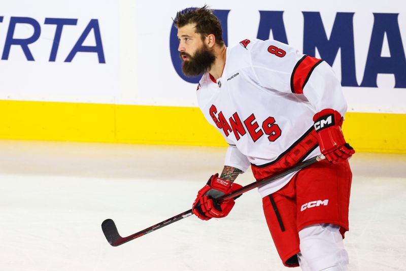 Oct 24, 2024; Calgary, Alberta, CAN; Carolina Hurricanes defenseman Brent Burns (8) skates during the warmup period against the Calgary Flames at Scotiabank Saddledome. Mandatory Credit: Sergei Belski-Imagn Images