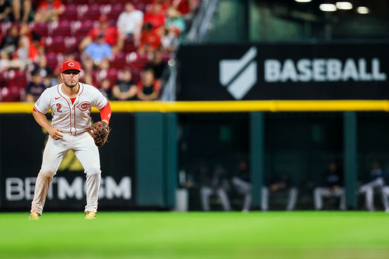 Sep 17, 2024; Cincinnati, Ohio, USA; Cincinnati Reds first baseman Ty France (2) prepares for the pitch in the third inning against the Atlanta Braves at Great American Ball Park. Mandatory Credit: Katie Stratman-Imagn Images