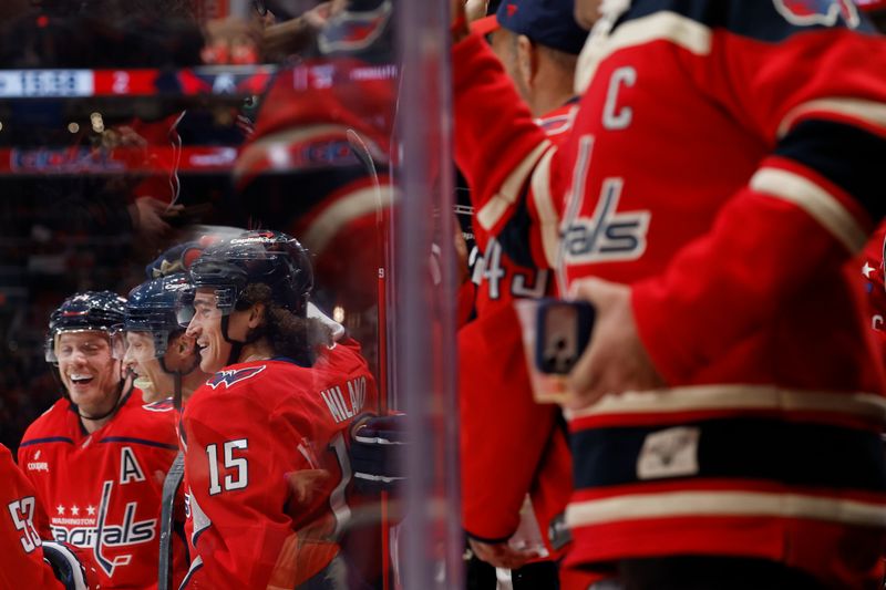 Dec 18, 2025; Washington, District of Columbia, USA; Washington Capitals defenseman Jakob Chychrun (6) celebrates with teammates after scoring a goal against the Toronto Maple Leafs during the third period at Capital One Arena. Mandatory Credit: Geoff Burke-Imagn Images