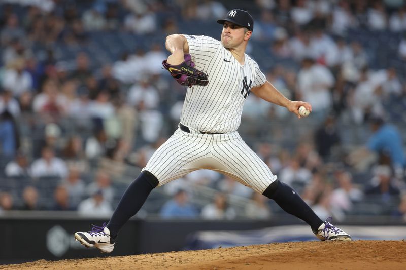 May 8, 2024; Bronx, New York, USA; New York Yankees starting pitcher Carlos Rodon (55) pitches against the Houston Astros during the third inning at Yankee Stadium. Mandatory Credit: Brad Penner-USA TODAY Sports