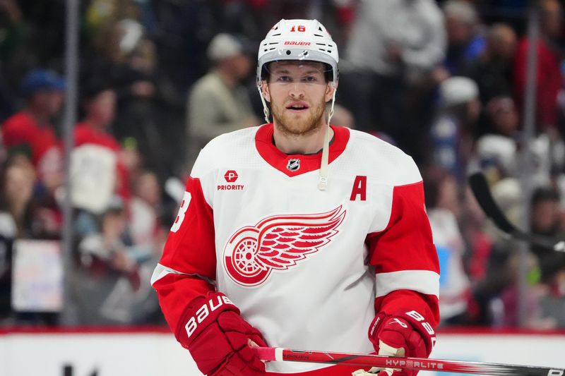 Mar 6, 2024; Denver, Colorado, USA; Detroit Red Wings center Andrew Copp (18) before the game against the Colorado Avalanche at Ball Arena. Mandatory Credit: Ron Chenoy-USA TODAY Sports