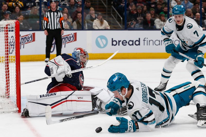 Mar 16, 2024; Columbus, Ohio, USA; San Jose Sharks center  Thomas Bordeleau (17) knocks down the puck off a Columbus Blue Jackets goalie Daniil Tarasov (40) save during the first period at Nationwide Arena. Mandatory Credit: Russell LaBounty-USA TODAY Sports