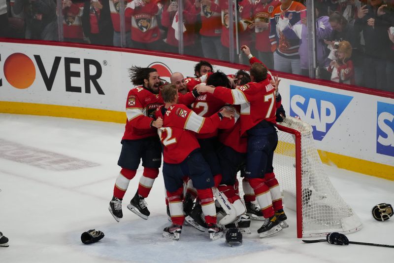 Jun 24, 2024; Sunrise, Florida, USA; Florida Panthers celebrate winning against the Edmonton Oilers in game seven of the 2024 Stanley Cup Final at Amerant Bank Arena. Mandatory Credit: Jim Rassol-USA TODAY Sports