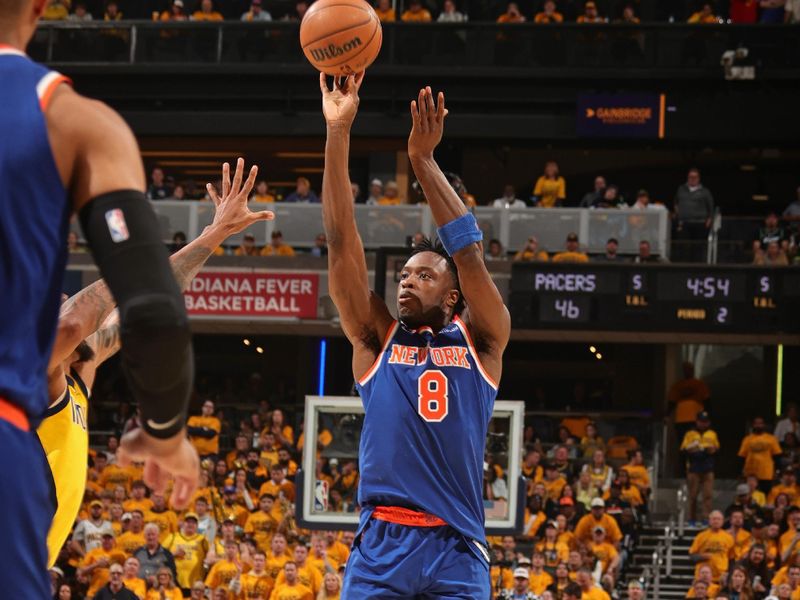 INDIANAPOLIS, IN - MAY 25:  OG Anunoby #8 of the New York Knicks shoots the ball during the game against the Indiana Pacers  during Game 3 of the 2025 Eastern Conference Finals on May 25, 2025 at Gainbridge Fieldhouse in Indianapolis, Indiana. NOTE TO USER: User expressly acknowledges and agrees that, by downloading and or using this Photograph, user is consenting to the terms and conditions of the Getty Images License Agreement. Mandatory Copyright Notice: Copyright 2025 NBAE (Photo by Nathaniel S. Butler/NBAE via Getty Images)