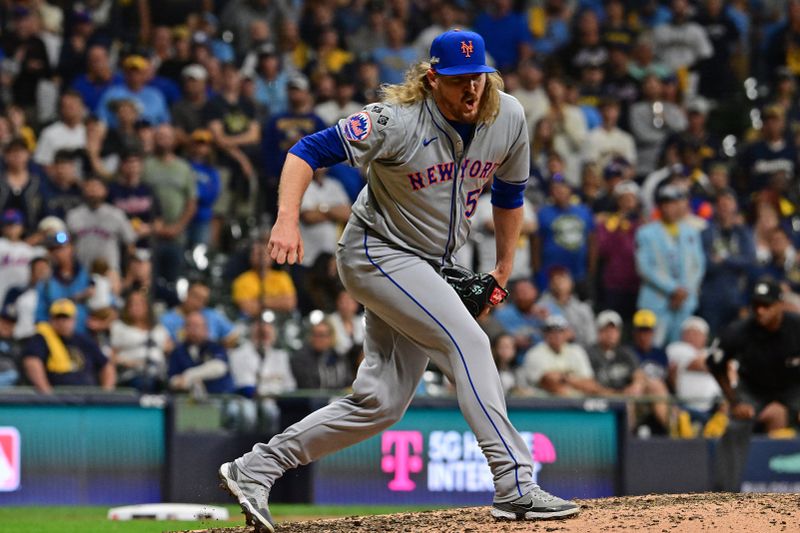 Oct 1, 2024; Milwaukee, Wisconsin, USA; Milwaukee Brewers pitcher Hoby Milner (55) reacts after a pitch against the Milwaukee Brewers during the ninth inning in game one of the Wildcard round for the 2024 MLB Playoffs at American Family Field. Mandatory Credit: Benny Sieu-Imagn Images