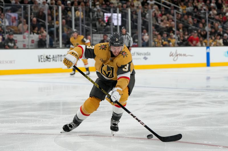 Dec 28, 2023; Las Vegas, Nevada, USA; Vegas Golden Knights defenseman Brayden McNabb (3) skates with the puck against the Los Angeles Kings during the second period at T-Mobile Arena. Mandatory Credit: Lucas Peltier-USA TODAY Sports