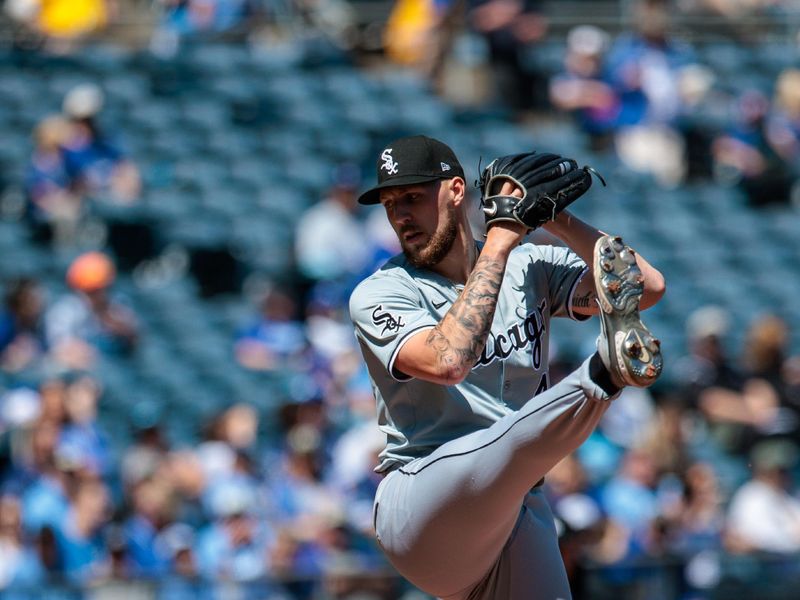 Apr 7, 2024; Kansas City, Missouri, USA; Chicago White Sox pitcher Garrett Crochet (45) pitching during the first inning against the Kansas City Royals at Kauffman Stadium. Mandatory Credit: William Purnell-USA TODAY Sports