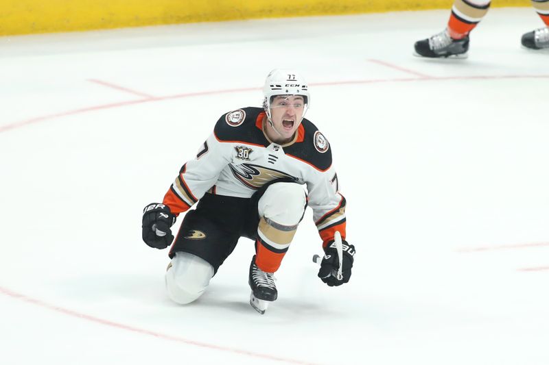 Oct 24, 2023; Columbus, Ohio, USA; Anaheim Ducks right wing Frank Vatrano (77) celebrates the game winning goal during the overtime period against the Columbus Blue Jackets at Nationwide Arena. Mandatory Credit: Joseph Maiorana-USA TODAY Sports