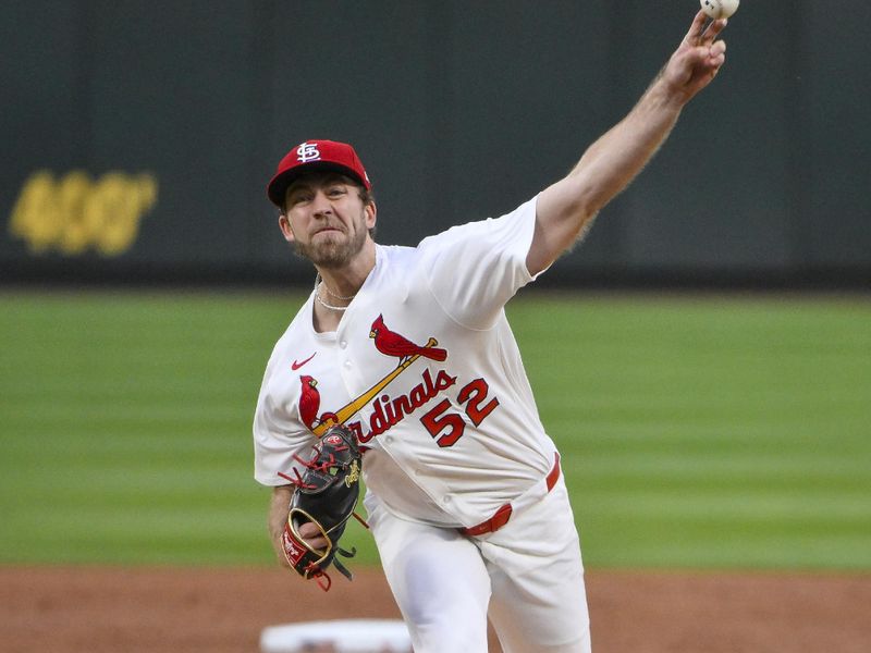 May 6, 2025; St. Louis, Missouri, USA;  St. Louis Cardinals starting pitcher Matthew Liberatore (52) pitches against the Pittsburgh Pirates during the third inning at Busch Stadium. Mandatory Credit: Jeff Curry-Imagn Images