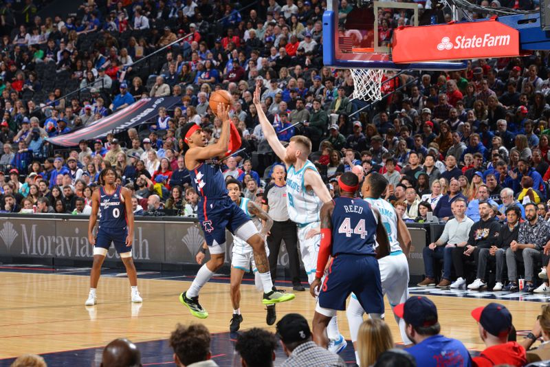 PHILADELPHIA, PA - MARCH 16: Kenyon Martin Jr. #1 of the Philadelphia 76ers drives to the basket during the game against the Charlotte Hornets on March 16, 2024 at the Wells Fargo Center in Philadelphia, Pennsylvania NOTE TO USER: User expressly acknowledges and agrees that, by downloading and/or using this Photograph, user is consenting to the terms and conditions of the Getty Images License Agreement. Mandatory Copyright Notice: Copyright 2024 NBAE (Photo by Jesse D. Garrabrant/NBAE via Getty Images)