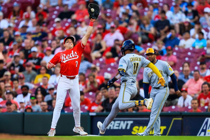 Jun 3, 2025; Cincinnati, Ohio, USA; Cincinnati Reds first baseman Spencer Steer (7) tags Milwaukee Brewers outfielder Jackson Chourio (11) out at first in the third inning at Great American Ball Park. Mandatory Credit: Katie Stratman-Imagn Images