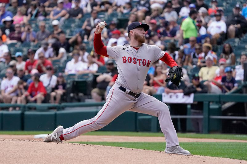 Jun 9, 2024; Chicago, Illinois, USA; Boston Red Sox pitcher Zack Kelly (76) throws the ball against the Chicago White Sox during the first inning at Guaranteed Rate Field. Mandatory Credit: David Banks-USA TODAY Sports