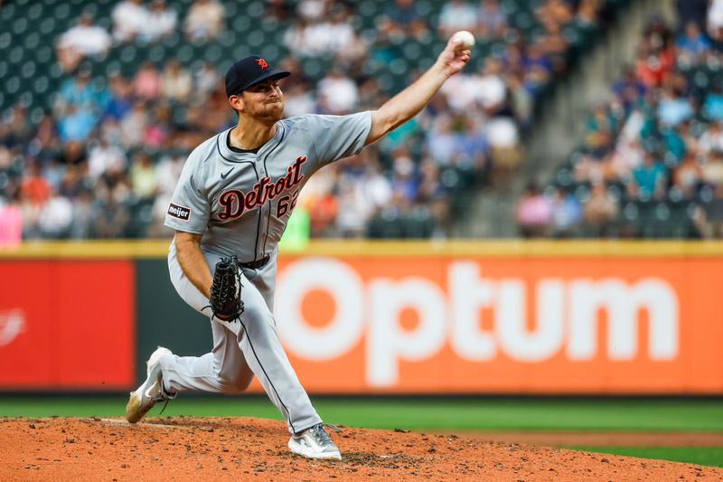 Aug 8, 2024; Seattle, Washington, USA; Detroit Tigers relief pitcher Bryan Sammons (62) throws against the Seattle Mariners during the sixth inning at T-Mobile Park. Mandatory Credit: Joe Nicholson-USA TODAY Sports