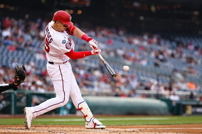 Jun 7, 2023; Washington, District of Columbia, USA; Washington Nationals designated hitter Joey Meneses (45) singles against the Arizona Diamondbacks during the first inning at Nationals Park. Mandatory Credit: Scott Taetsch-USA TODAY Sports