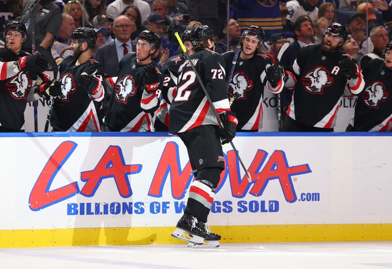 Oct 24, 2025; Buffalo, New York, USA;  Buffalo Sabres center Tage Thompson (72) celebrates his goal with teammates during the second period against the Toronto Maple Leafs at KeyBank Center. Mandatory Credit: Timothy T. Ludwig-Imagn Images