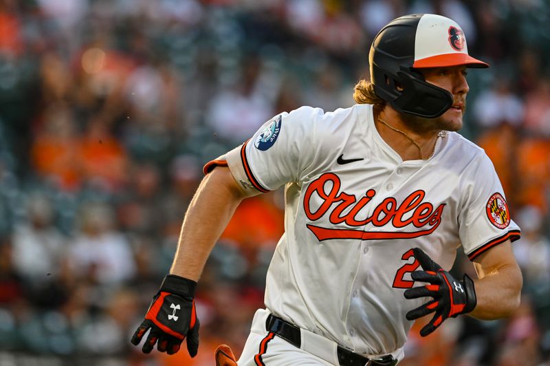 Sep 3, 2024; Baltimore, Maryland, USA;  Baltimore Orioles shortstop Gunnar Henderson (2) runs out a first inning double against the Chicago White Sox at Oriole Park at Camden Yards. Mandatory Credit: Tommy Gilligan-Imagn Images