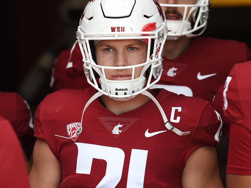 Sep 11, 2021; Pullman, Washington, USA; Washington State Cougars running back Max Borghi (21) prepares to head onto the field before a game against the Portland State Vikings at Gesa Field at Martin Stadium. Mandatory Credit: James Snook-USA TODAY Sports