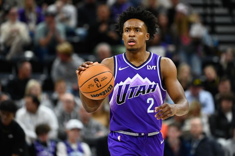 SALT LAKE CITY, UTAH - FEBRUARY 06: Collin Sexton #2 of the Utah Jazz dribbles the ball during the first half of a game against the Oklahoma City Thunder at Delta Center on February 06, 2024 in Salt Lake City, Utah. NOTE TO USER: User expressly acknowledges and agrees that, by downloading and or using this photograph, User is consenting to the terms and conditions of the Getty Images License Agreement. (Photo by Alex Goodlett/Getty Images)