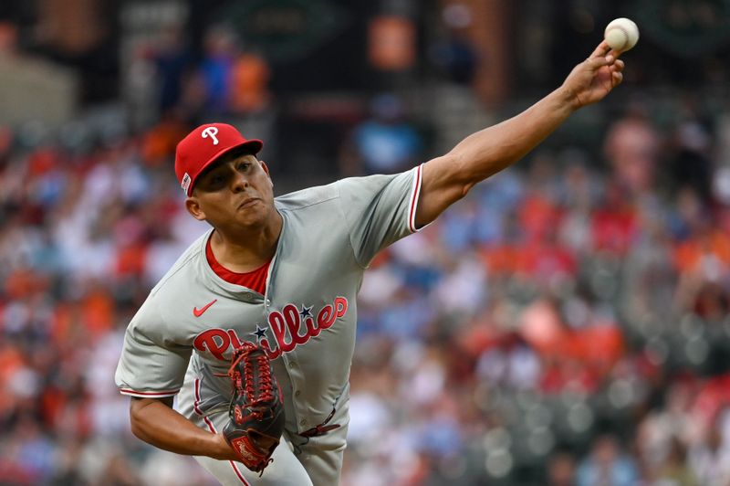 Jun 14, 2024; Baltimore, Maryland, USA; Philadelphia Phillies pitcher Ranger Suárez (55) throws a first inning pitch against the Baltimore Orioles  at Oriole Park at Camden Yards. Mandatory Credit: Tommy Gilligan-USA TODAY Sports