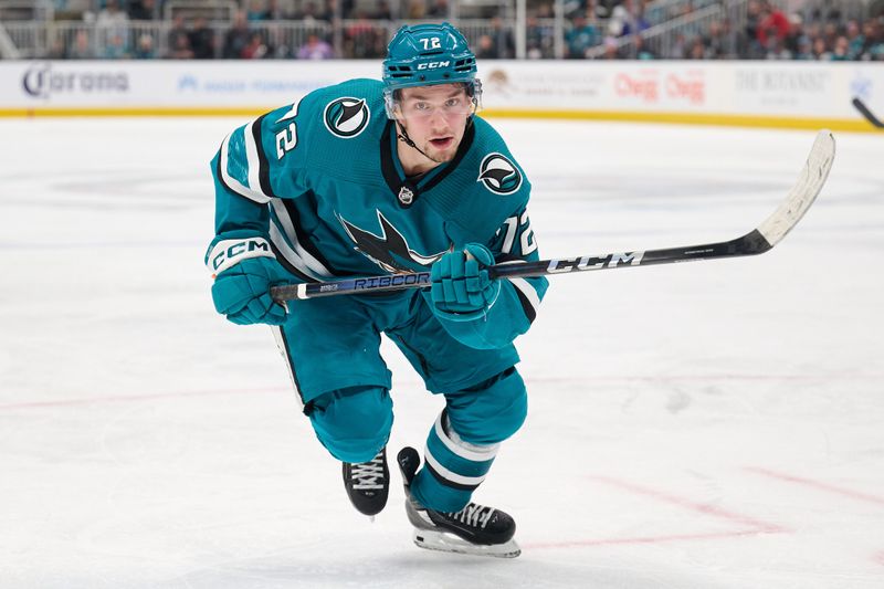 Jan 30, 2024; San Jose, California, USA; San Jose Sharks left wing William Eklund (72) skates against the Seattle Kraken during the second period at SAP Center at San Jose. Mandatory Credit: Robert Edwards-USA TODAY Sports