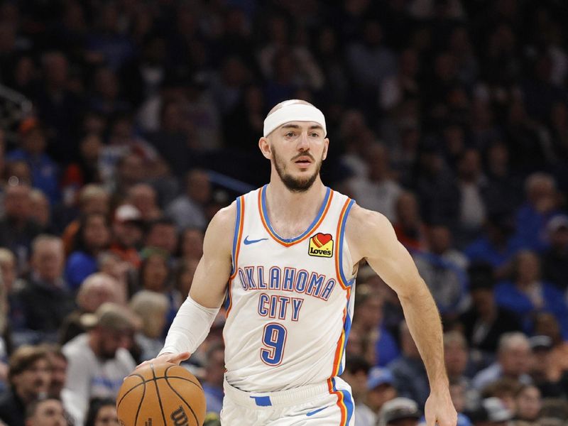 OKLAHOMA CITY, OK - MARCH 10: Alex Caruso #9 of the Oklahoma City Thunder dribbles the ball during the game against the Denver Nuggets  on March 10, 2025 at Paycom Center in Oklahoma City, Oklahoma. NOTE TO USER: User expressly acknowledges and agrees that, by downloading and or using this photograph, User is consenting to the terms and conditions of the Getty Images License Agreement. Mandatory Copyright Notice: Copyright 2025 NBAE (Photo by Martin McGrew/NBAE via Getty Images)