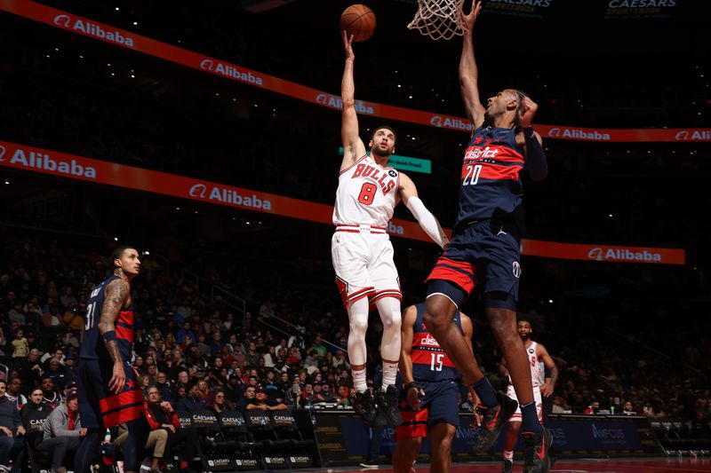 WASHINGTON, DC -? NOVEMBER 26: Zach LaVine #8 of the Chicago Bulls shoots the ball during the game against the Washington Wizards during the Emirates NBA Cup game on November 26, 2024 at Capital One Arena in Washington, DC. NOTE TO USER: User expressly acknowledges and agrees that, by downloading and or using this Photograph, user is consenting to the terms and conditions of the Getty Images License Agreement. Mandatory Copyright Notice: Copyright 2024 NBAE (Photo by Stephen Gosling/NBAE via Getty Images)