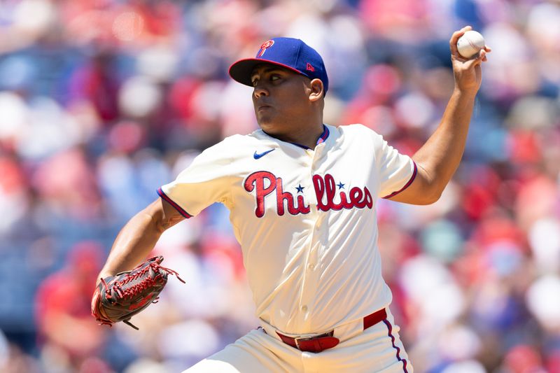 Jun 19, 2024; Philadelphia, Pennsylvania, USA; Philadelphia Phillies pitcher Ranger Suárez (55) throws a pitch during the first inning against the San Diego Padres at Citizens Bank Park. Mandatory Credit: Bill Streicher-USA TODAY Sports