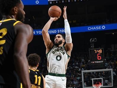 SAN FRANCISCO, CA - DECEMBER 19:  Jayson Tatum #0 of the Boston Celtics shoots the ball during the game against the Golden State Warriors on December 19, 2023 at Chase Center in San Francisco, California. NOTE TO USER: User expressly acknowledges and agrees that, by downloading and or using this photograph, user is consenting to the terms and conditions of Getty Images License Agreement. Mandatory Copyright Notice: Copyright 2023 NBAE (Photo by Noah Graham/NBAE via Getty Images)