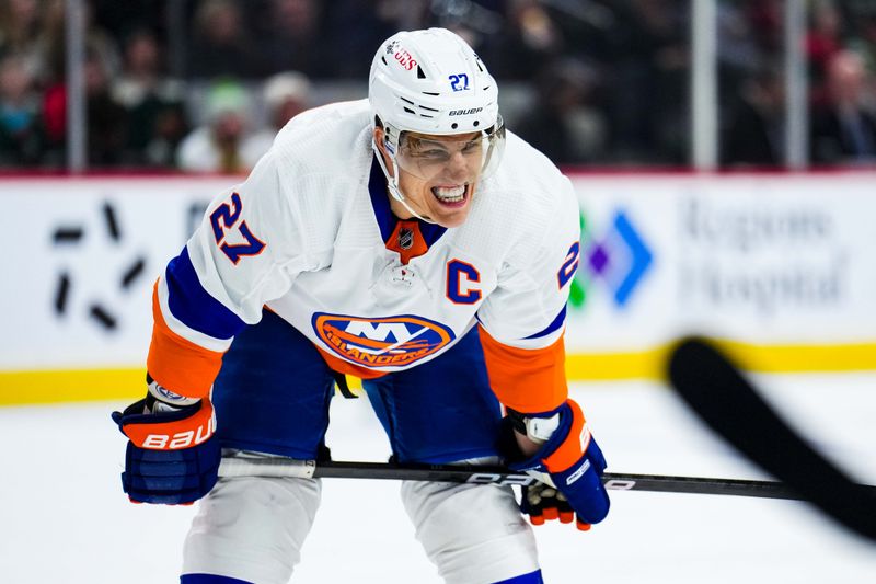 Jan 15, 2024; Saint Paul, Minnesota, USA; New York Islanders left wing Anders Lee (27) looks on during the first period against the Minnesota Wild at Xcel Energy Center. Mandatory Credit: Brace Hemmelgarn-USA TODAY Sports