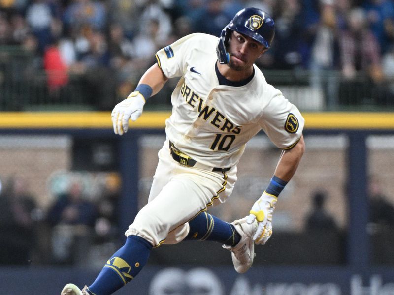 Apr 28, 2024; Milwaukee, Wisconsin, USA; Milwaukee Brewers outfielder Sal Frelick (10) rounds second base against the New York Yankees in the fifth inning at American Family Field. Mandatory Credit: Michael McLoone-USA TODAY Sports