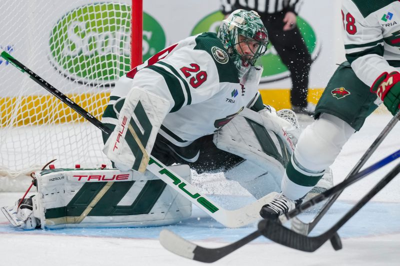 Jan 6, 2024; Columbus, Ohio, USA;  Minnesota Wild goaltender Marc-Andre Fleury (29) follows the puck in play against the Columbus Blue Jackets in the third period at Nationwide Arena. Mandatory Credit: Aaron Doster-USA TODAY Sports