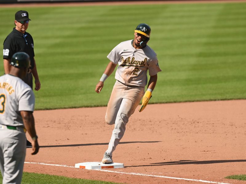 Apr 28, 2024; Baltimore, Maryland, USA;  Oakland Athletics third baseman Darell Hernaiz (2) rounds the bases on a home run by Oakland Athletics catcher Kyle McCann (52) (not pictured) during the ninth inning at Oriole Park at Camden Yards. Mandatory Credit: James A. Pittman-USA TODAY Sports