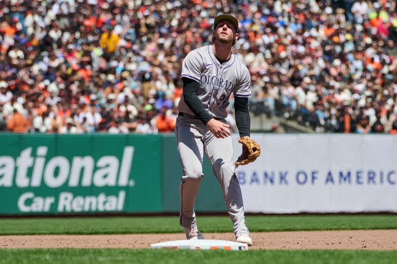 May 19, 2024; San Francisco, California, USA; Colorado Rockies infielder Ryan McMahon (24) reacts after committing a fielding error against the San Francisco Giants during the fifth inning at Oracle Park. Mandatory Credit: Robert Edwards-USA TODAY Sports