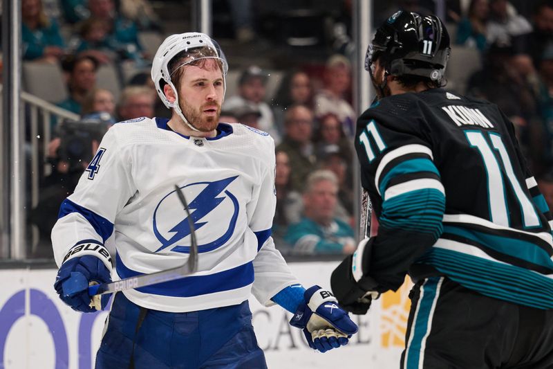 Mar 21, 2024; San Jose, California, USA; Tampa Bay Lightning defenseman Calvin de Haan (44) reacts after a high sticking call against San Jose Sharks defenseman Nikolai Knyzhov (71) during the first period at SAP Center at San Jose. Mandatory Credit: Robert Edwards-USA TODAY Sports