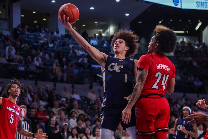 Feb 1, 2025; Atlanta, Georgia, USA; Georgia Tech Yellow Jackets guard Naithan George (1) shoots against the Louisville Cardinals in the second half at McCamish Pavilion. Mandatory Credit: Brett Davis-Imagn Images
