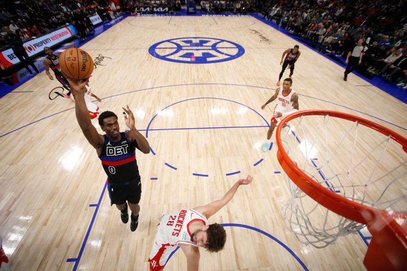 DETROIT, MI - JANUARY 12: Jalen Duren #0 of the Detroit Pistons drives to the basket during the game against the Houston Rockets on January 12, 2024 at Little Caesars Arena in Detroit, Michigan. NOTE TO USER: User expressly acknowledges and agrees that, by downloading and/or using this photograph, User is consenting to the terms and conditions of the Getty Images License Agreement. Mandatory Copyright Notice: Copyright 2024 NBAE (Photo by Brian Sevald/NBAE via Getty Images)