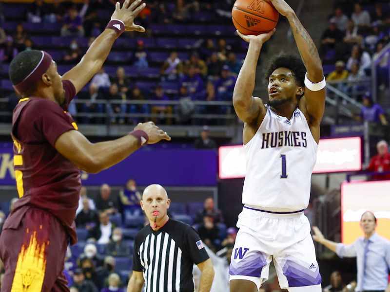 Jan 26, 2023; Seattle, Washington, USA; Washington Huskies forward Keion Brooks (1) makes a three-pointer against the Arizona State Sun Devils during the first half at Alaska Airlines Arena at Hec Edmundson Pavilion. Mandatory Credit: Joe Nicholson-USA TODAY Sports