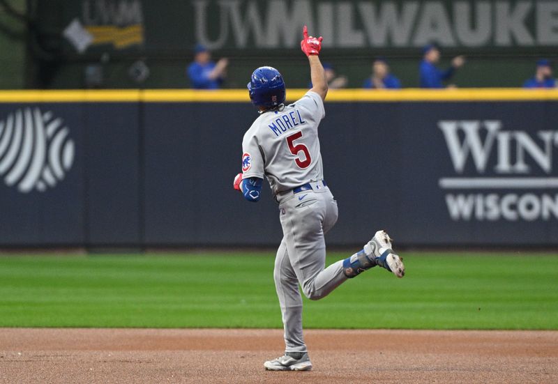 Sep 30, 2023; Milwaukee, Wisconsin, USA; Chicago Cubs second baseman Christopher Morel (5) rounds the bases after hitting a home run in the first inning against the Milwaukee Brewers at American Family Field. Mandatory Credit: Michael McLoone-USA TODAY Sports