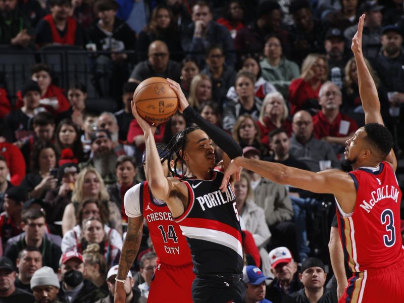 PORTLAND, OR - FEBRUARY 10: Dalano Banton #5 of the Portland Trail Blazers passes the ball during the game against the New Orleans Pelicans on February 10, 2024 at the Moda Center Arena in Portland, Oregon. NOTE TO USER: User expressly acknowledges and agrees that, by downloading and or using this photograph, user is consenting to the terms and conditions of the Getty Images License Agreement. Mandatory Copyright Notice: Copyright 2024 NBAE (Photo by Cameron Browne/NBAE via Getty Images)