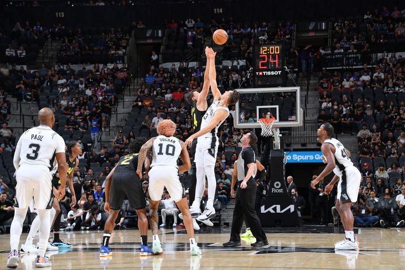 SAN ANTONIO, TX - OCTOBER 12: Tip off during the game between the Utah Jazz and the San Antonio Spurs during a NBA pre season game on October 12, 2024 at the Frost Bank Center in San Antonio, Texas. NOTE TO USER: User expressly acknowledges and agrees that, by downloading and or using this photograph, user is consenting to the terms and conditions of the Getty Images License Agreement. Mandatory Copyright Notice: Copyright 2024 NBAE (Photos by Michael Gonzales/NBAE via Getty Images)